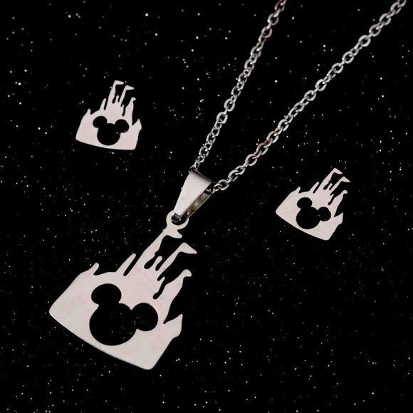 Disney Jewelry - 18K White Gold (Rhodium) Plated Disney Castle Silhouette w/ Mickey Head Set